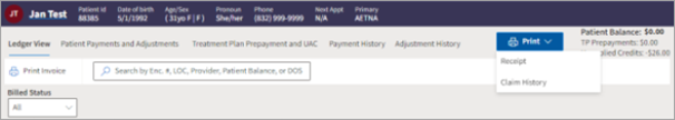 Ledger home page with yellow highlight box around the Print Receipt button.